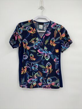 Cherokee Womens Printed Stretch Mock Wrap Knit Panel Scrub Top Navy Blue Size S